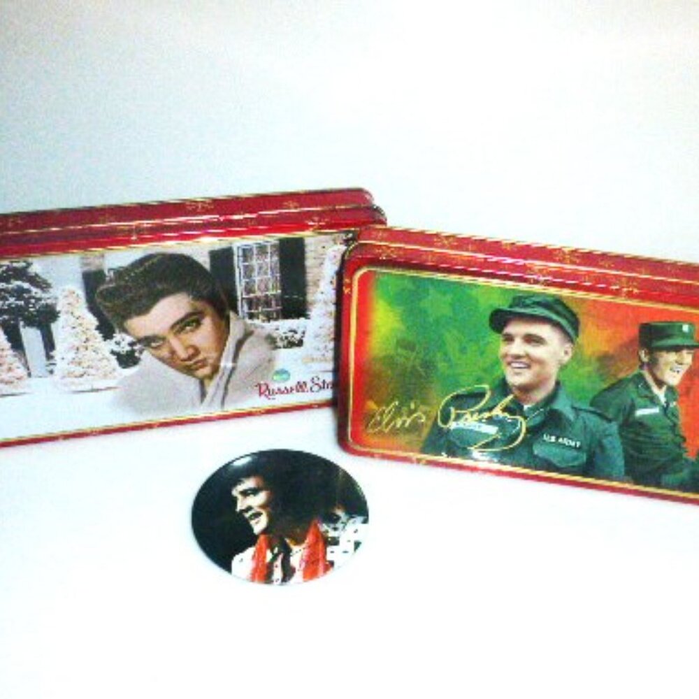 ELVIS ITEMS Military Can Elvis Christmas Tin Elvis Button Elvis HOLLYWOOD Lp